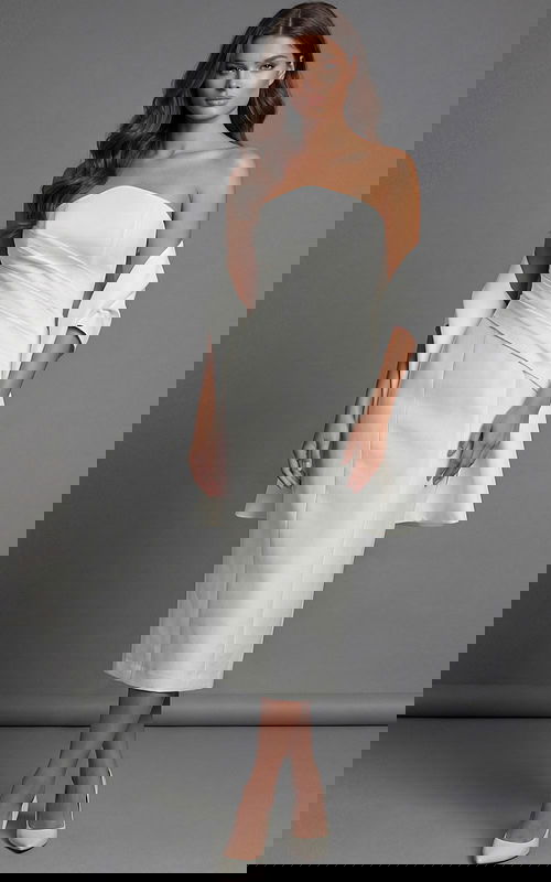 strapless white dress with center slit and smooth finish