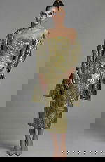 Strapless brocade evening dress with fitted silhouette and matching long sleeve jacket