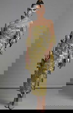 Strapless brocade evening dress with matching long sleeve jacket