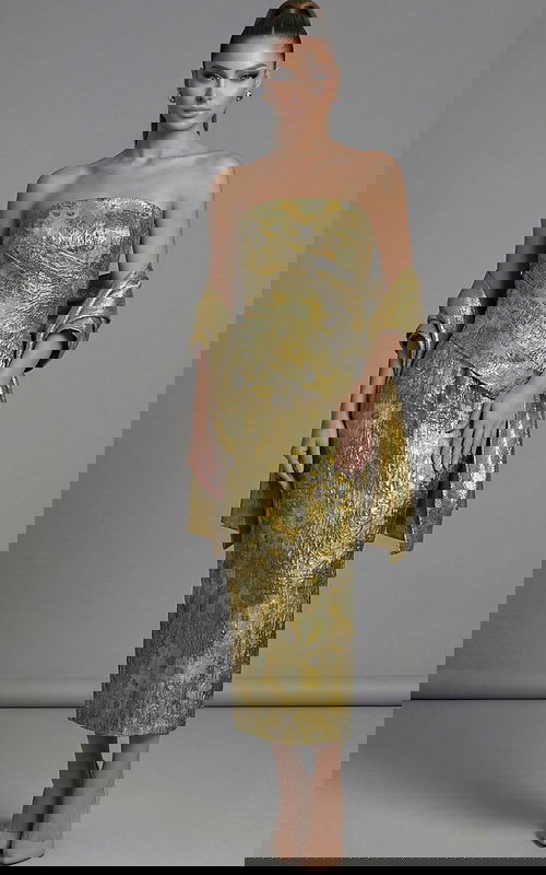 Strapless brocade evening dress with matching long sleeve jacket