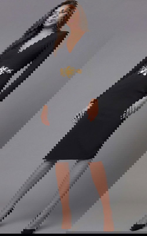 Elegant Long Sleeve V Neck Midi Dress With Sculpted Waist