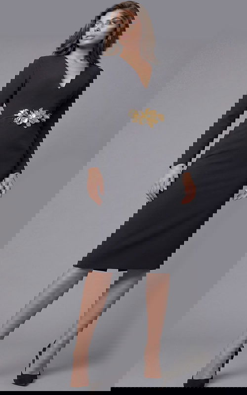 Elegant fitted midi dress with long sleeves and statement waist accent