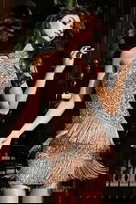 Jovani 51652 dark nude high neck sleeveless short dress with crystal beaded leaf embellishments and tiered fringe skirt detail