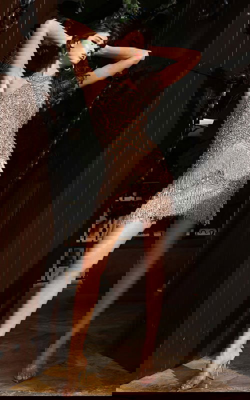 halter neck fitted fringe dress 51652