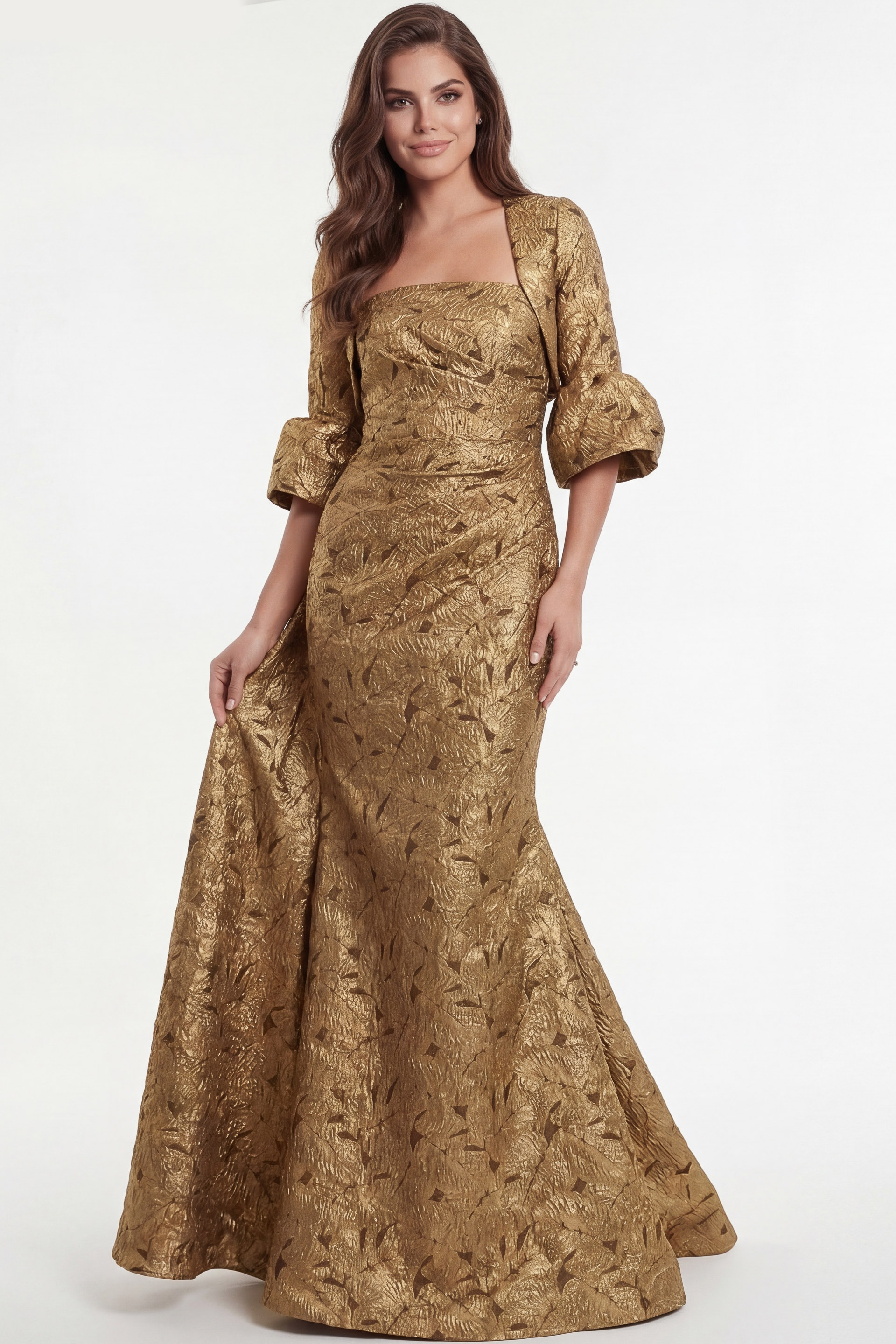 51653-4 Metallic gold evening gown with textured jacquard fabric
