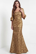 Metallic jacquard gown with square neckline and long sleeves