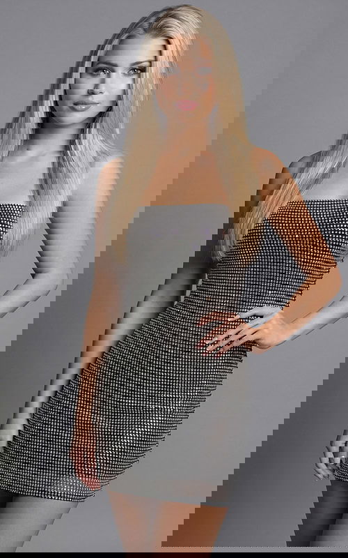 Strapless fitted mini dress with allover metallic embellishment