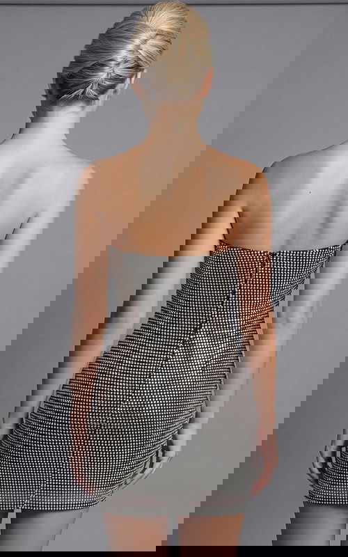 Back view of strapless embellished mini dress with smooth fitted finish