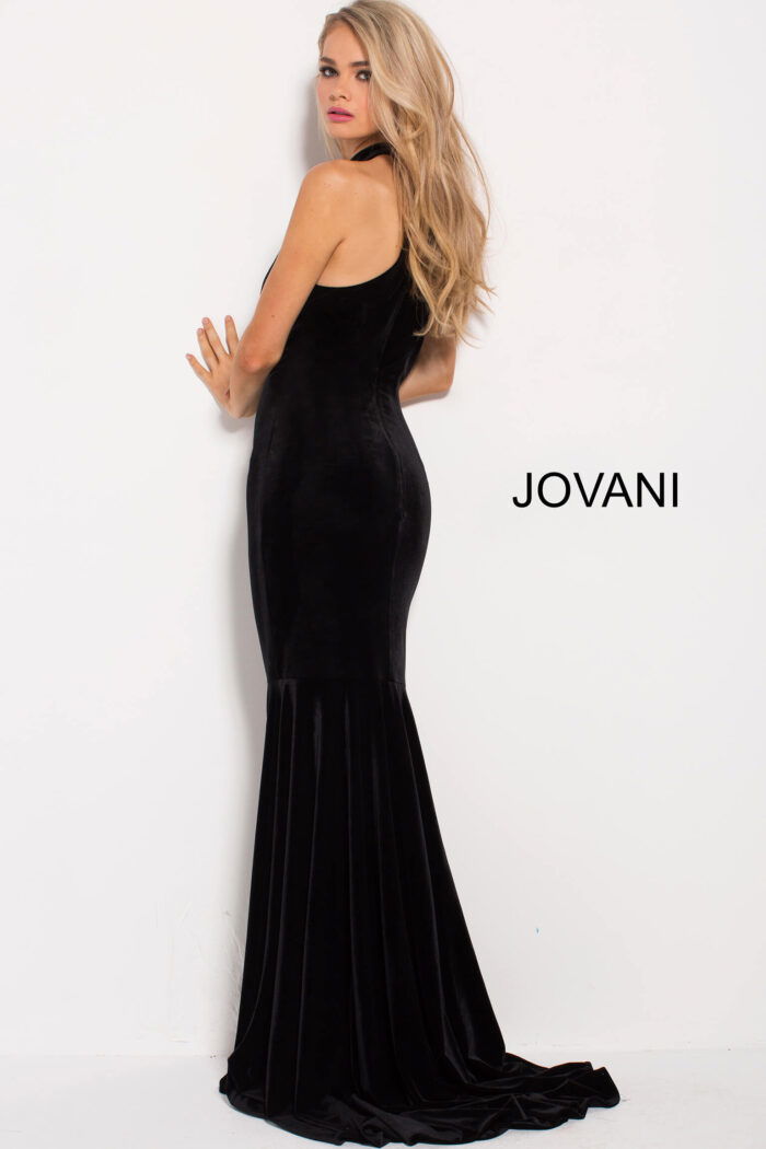 model showing back of Jovani 51680 black velvet mermaid gown