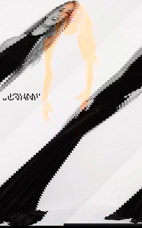 model wearing Jovani 51680 black velvet mermaid gown front view