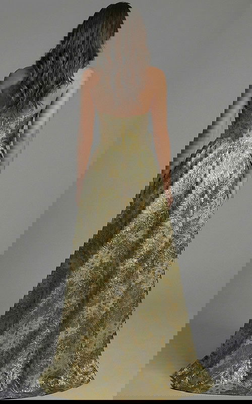 Back view of strapless jacquard gown with fitted bodice and full skirt