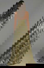 Back view of strapless jacquard gown with fitted bodice and full skirt