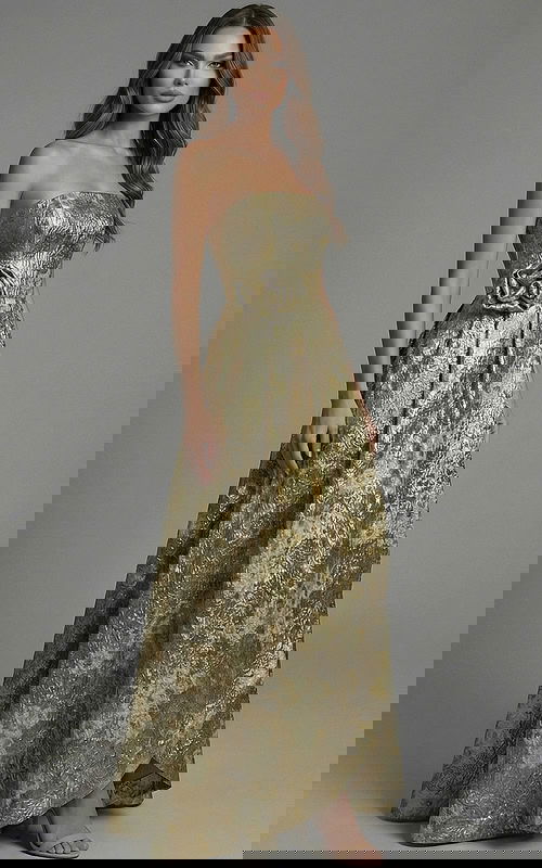 Strapless jacquard gown with structured bodice and floral waist detail