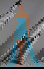 Strapless brocade mini dress with fitted bodice and short front hem