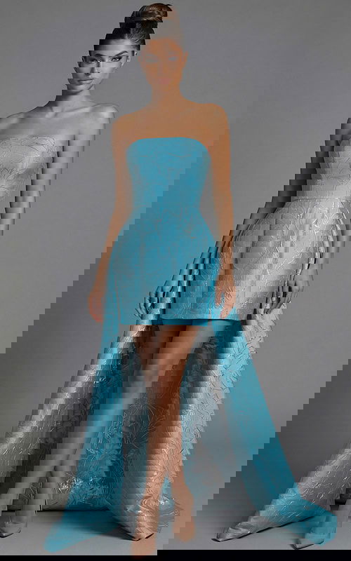 Strapless brocade mini dress with fitted bodice and short front hem