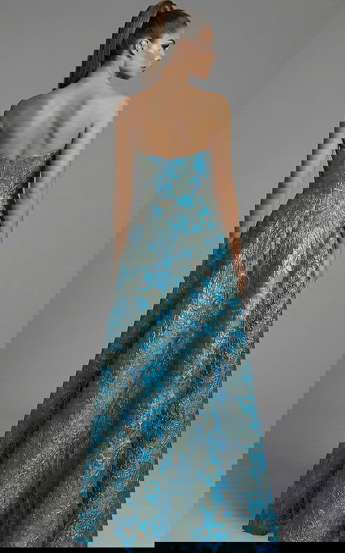 strapless brocade ball gown with structured bodice and full skirt