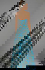 strapless brocade ball gown with structured bodice and full skirt