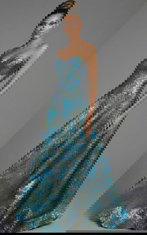 strapless brocade ball gown with fitted waist and flowing skirt