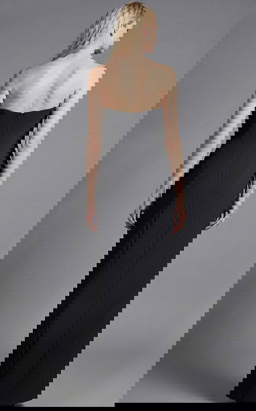 Strapless fitted evening gown with smooth back and floor length straight silhouette