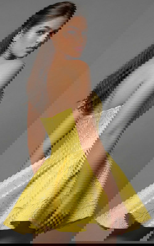 Strapless structured dress with sculpted bodice and flared skirt in textured fabric 51709