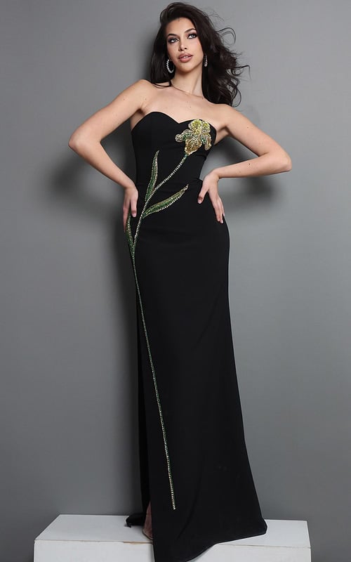 black sheath long dress with strapless sweetheart embellished flower design