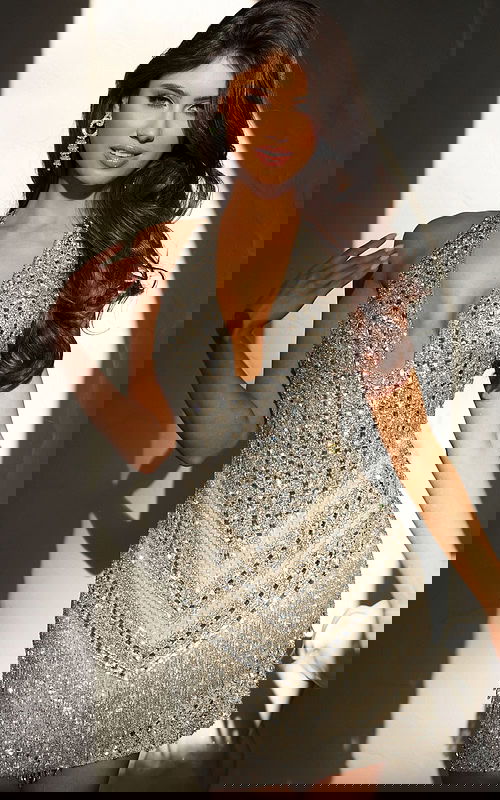 Jovani 52000 silver halter deep V neck short dress fully embellished with crystals, beading, and chevron pattern fringe detailing