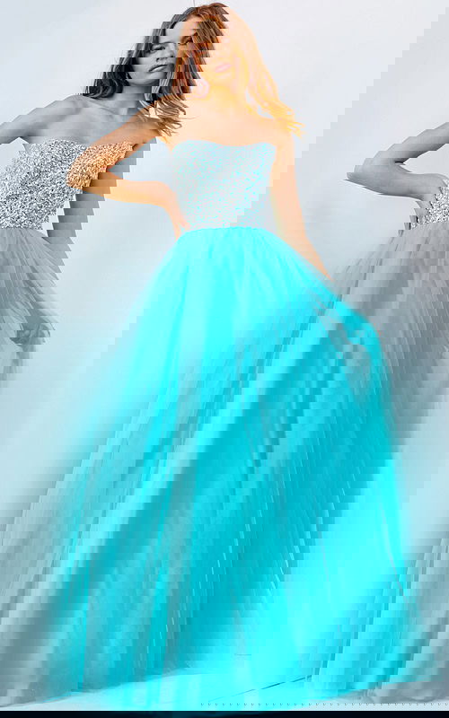 Model wearing Jovani 52131, a blue strapless gown with a sparkling bodice and tulle skirt.