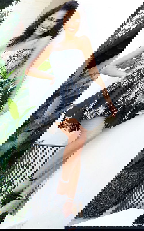 white and black short fit and flare strapless dress 52166