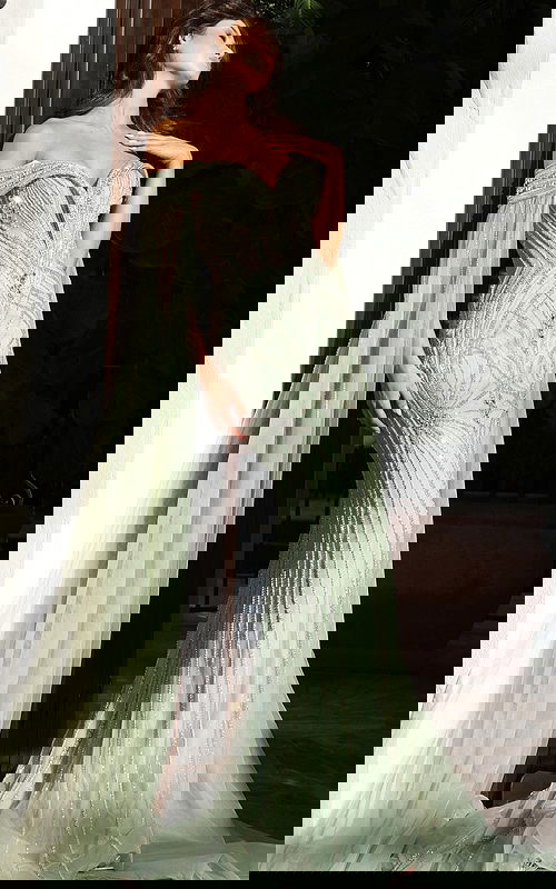 Off shoulder beaded mermaid gown with sheer cape sleeves