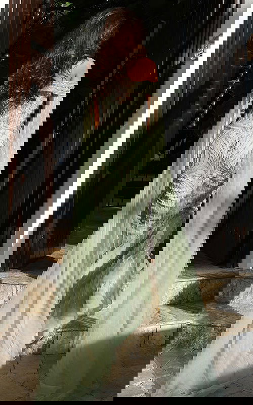 back of green embellished dress 52207