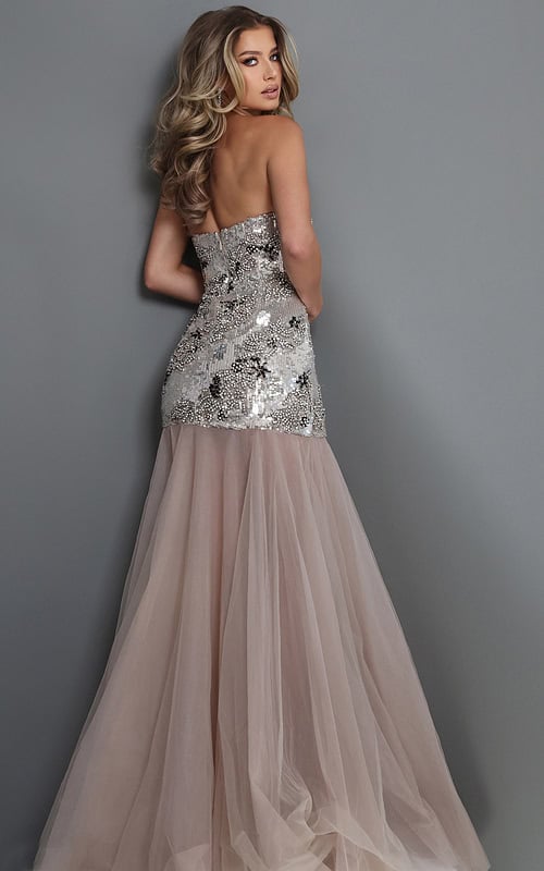 elegant strapless evening gown featuring an intricately beaded fitted silhouette