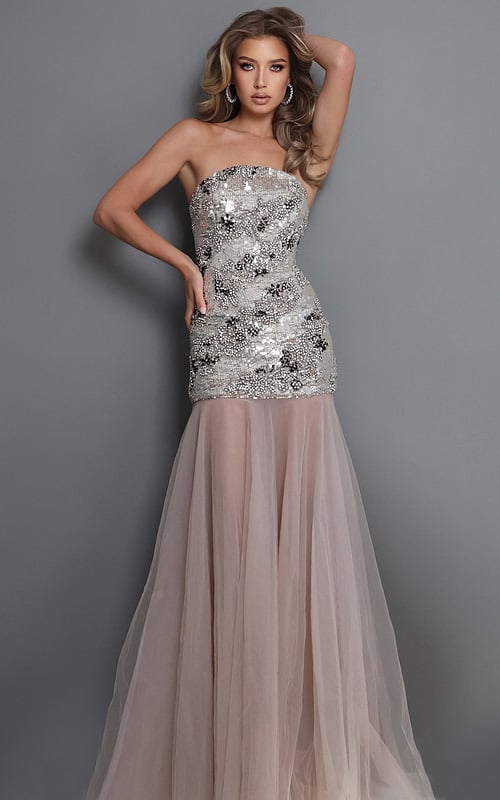 silver gown with a strapless neckline, ornate floral beadwork, and a sheer layered tulle