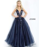 model wearing Jovani 55634 navy gown with lace detail