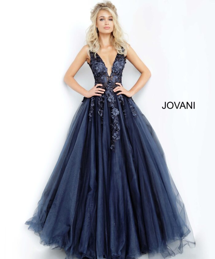 model wearing Jovani 55634 navy gown with lace detail