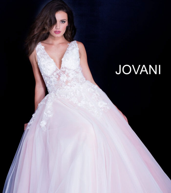 model wearing Jovani 55634 white gown with lace detailing
