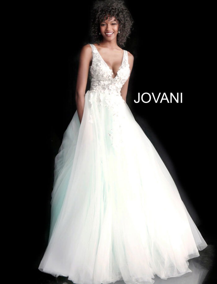model wearing Jovani 55634 white gown with deep V-neckline