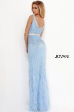 Back view of Jovani 55796 light blue dress with intricate bead pattern.