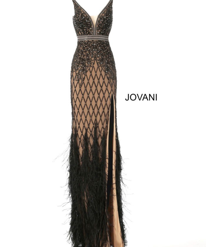 Front view of Jovani 55796 black dress with intricate design and slit.