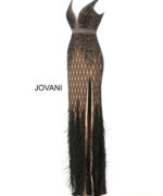 Side view of Jovani 55796 black dress featuring lattice beading and feathers.