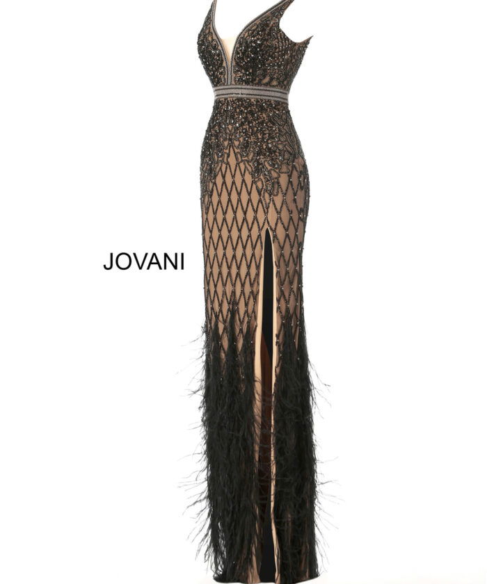 Side view of Jovani 55796 black dress featuring lattice beading and feathers.