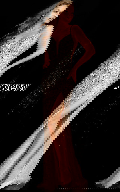 Jovani 57932 dress featuring a V-neckline with silver detailing.