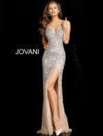 Close-up of Jovani 57932 gown with a V-neckline and high slit.