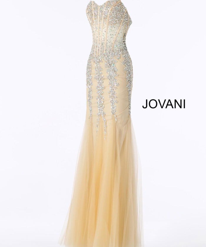 Jovani 5908 nude embellished mermaid gown on display
