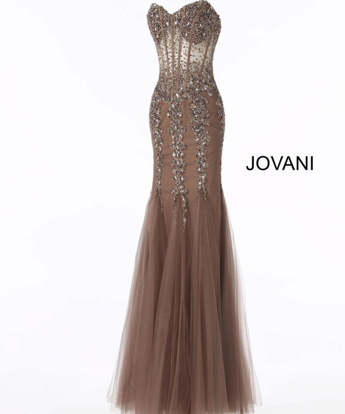 Jovani 5908 cafe embellished mermaid gown on display