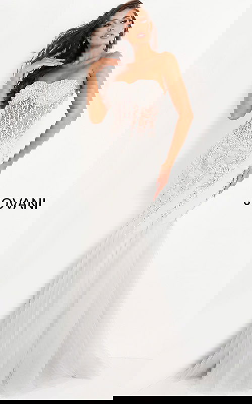 Model wearing Jovani 5908 Nude Embellished Corset Bodice Dress