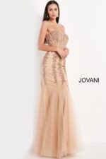 Model wearing Jovani 5908 cafe embellished mermaid gown