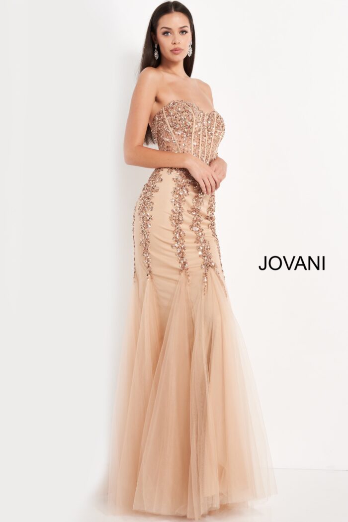 Model wearing Jovani 5908 cafe embellished mermaid gown