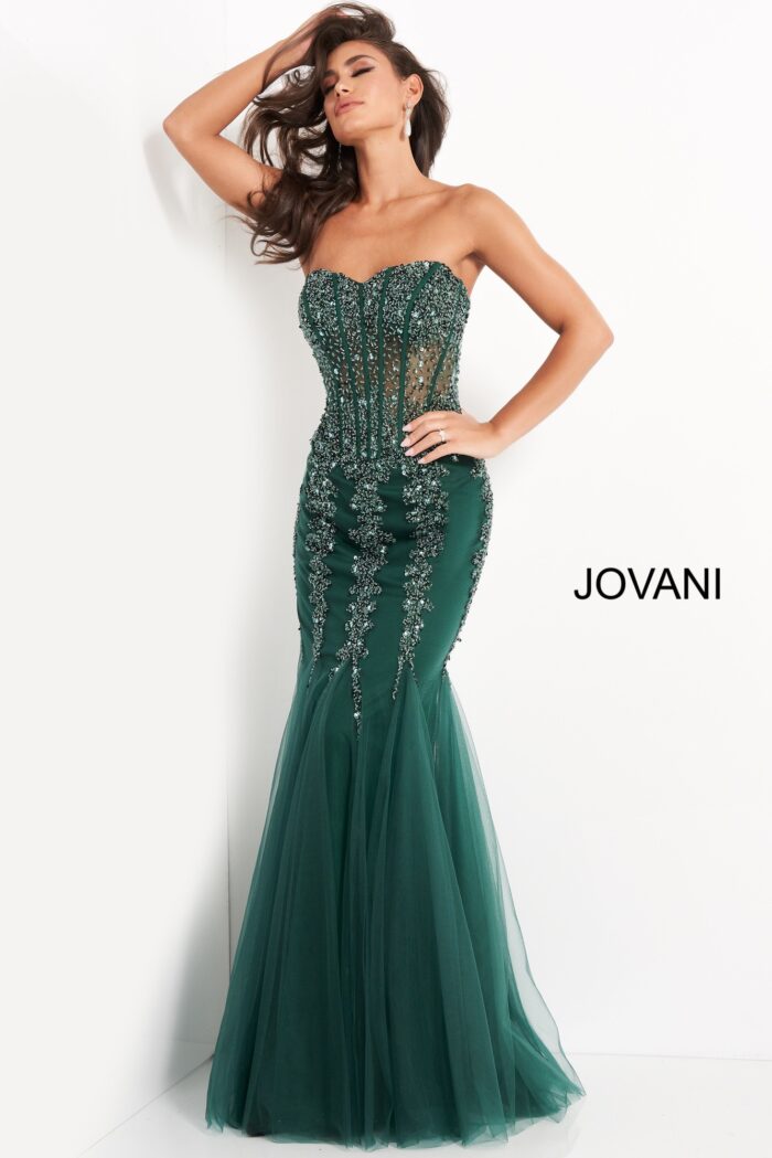 Model wearing Jovani 5908 green mermaid gown with sweetheart neckline