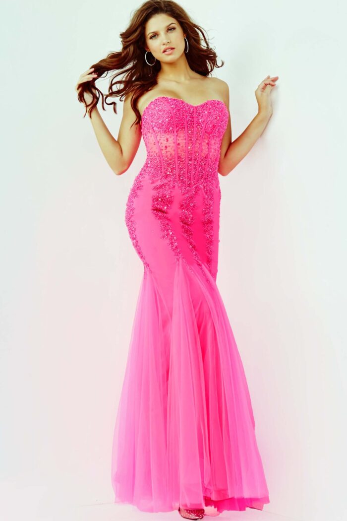 Jovani 5908 pink gown with sweetheart neckline and embellishments, front view.