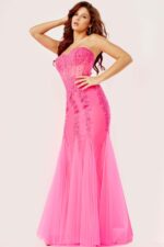 Front view of model in Jovani 5908 pink gown, showcasing elegant silhouette.